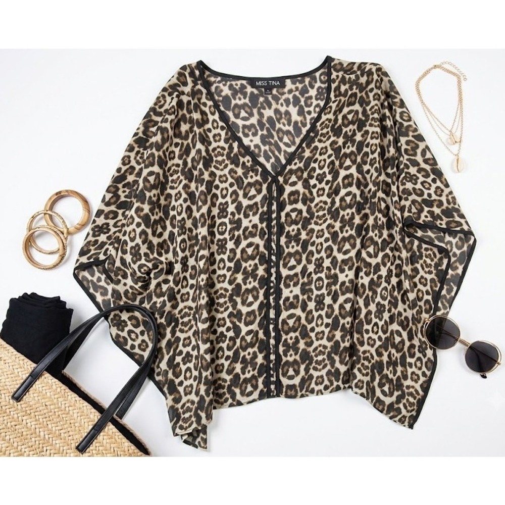 Miss Tina Kaftan Top Leopard Animal Blouse Medium V-Neck Sheer Flowy Resort Chic